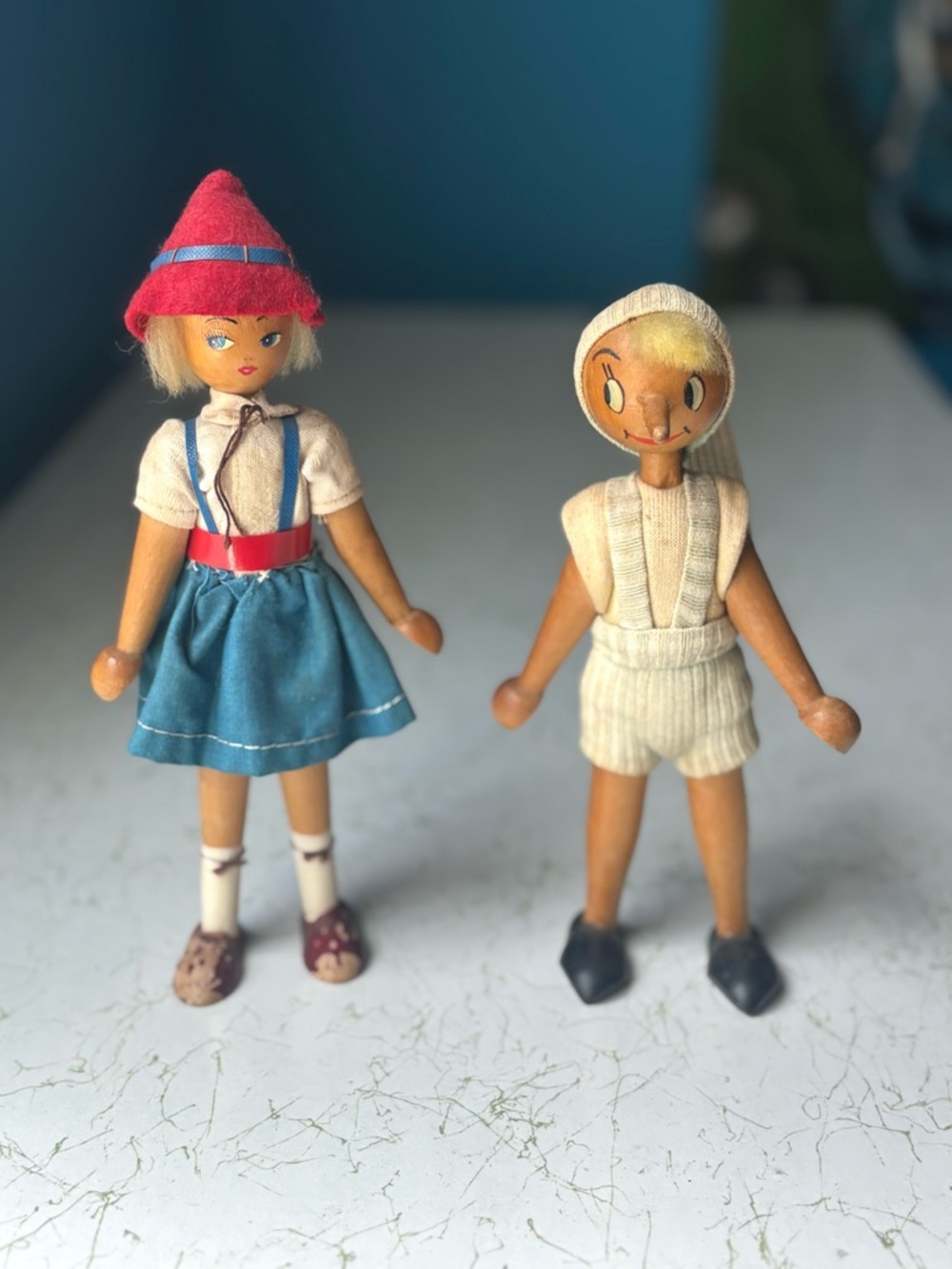 Vintage Pair Polish Peg Dolls - Pinocchio and Traditional Girl - Folk Art